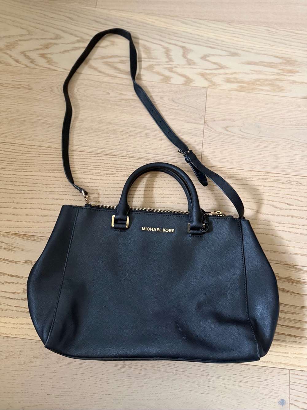 MICHAEL KORS Black Leather Saffiano Satchel with Shoulder Strap + Bag Charm